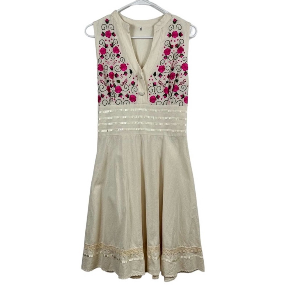 Embroidered Cream Dress with Pink Floral Accents